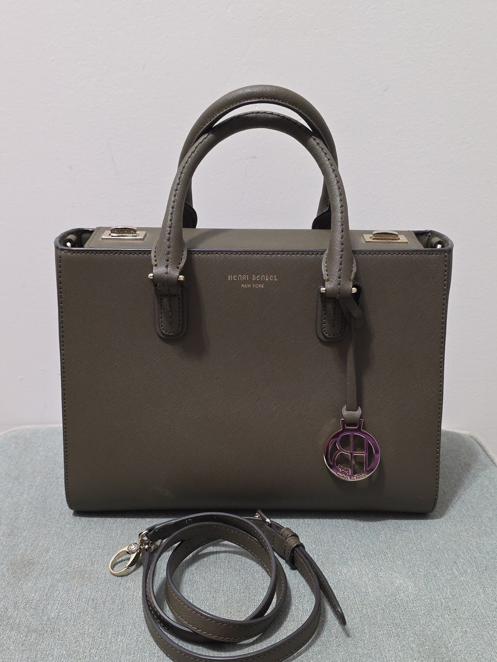 Henri Bendel West 57th Olive Satchel Leather with detachable strap logo charm